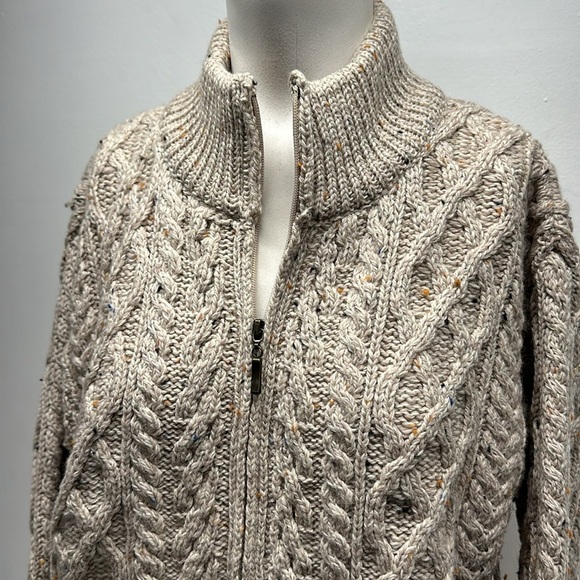 Aran Crafts Sweater Jacket Merino Wool Full Zip Collared Cable Knit Tan Medium - Picture 3 of 9